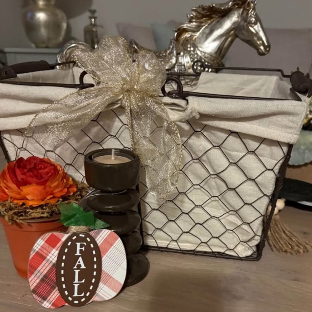 5 Piece Set: Cream Wire Basket with Liner, NWT Candle Holder & Tea Light Candle,